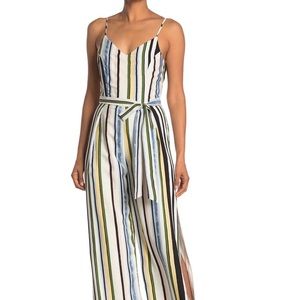 *NWT* V-NECK STRIPE PRINT WAIST TIE JUMPSUIT IN GREEN BLUE MULTI